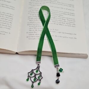 Handmade Green Velvet Ribbon Beaded Bookmark Beads Tassel Charms Upcycled